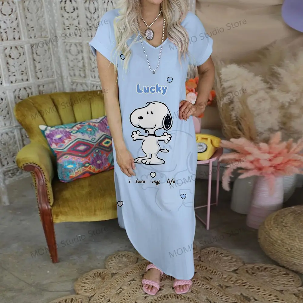 V-neck Robe Snoopy Long Dresses Streetwear Sexi Clothes for a Woman Fashion S-2XL Elegant Gowns 2024 Kawaii Lovely Party Cheap