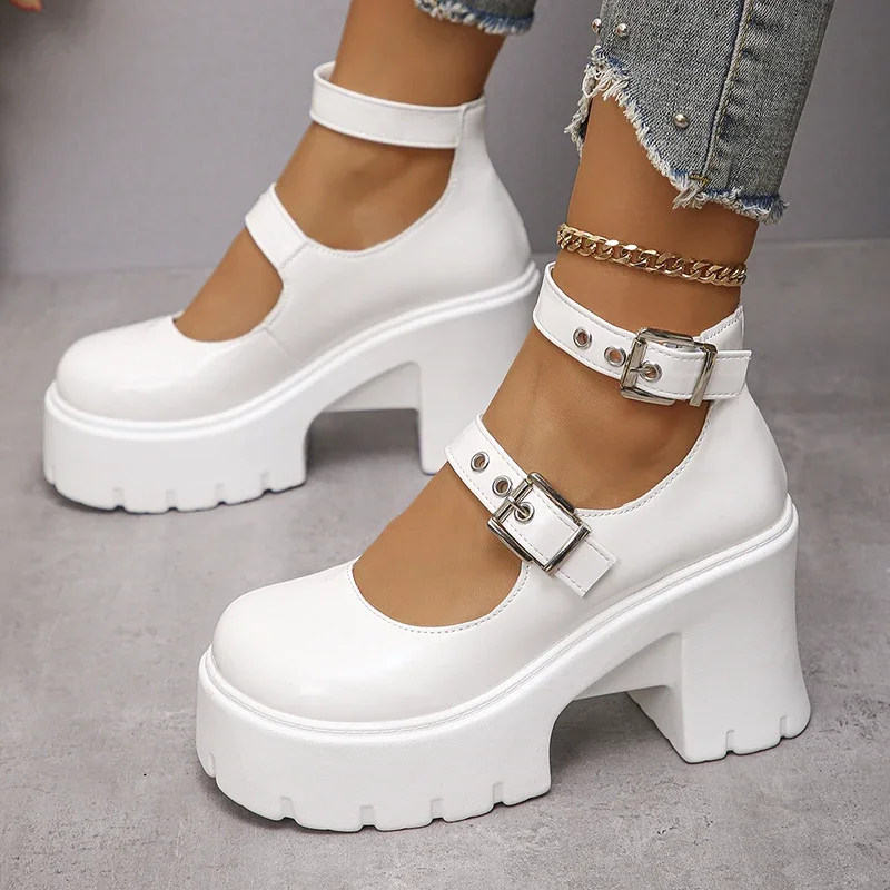 

2024 Spring White High Heels Pumps Women Chunky Platform Mary Jane Shoes Woman Plus Size Thick Heel Gothic Shoes 42