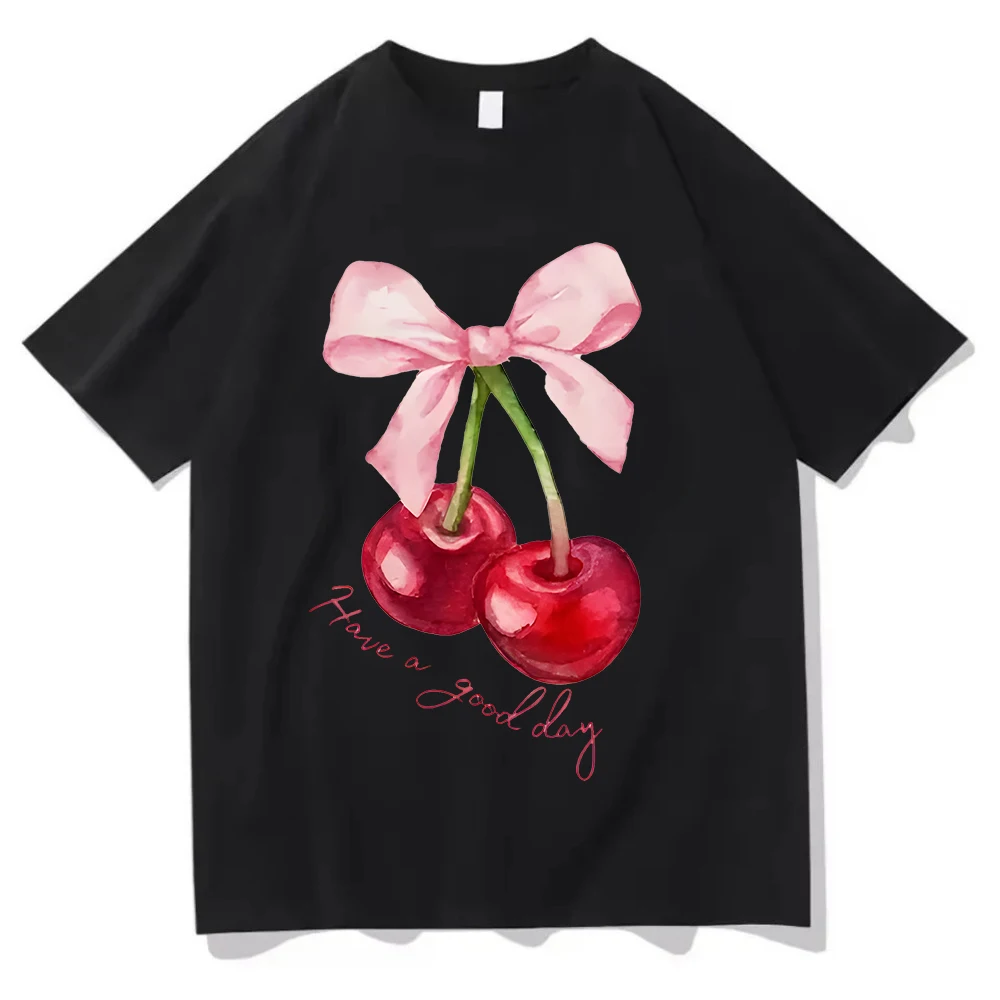 

Fashion Cherry Print Women Black T-Shirt Short Sleeve Crew Neck Casual Tops for Summer Spring Women's Clothing Tops Tees