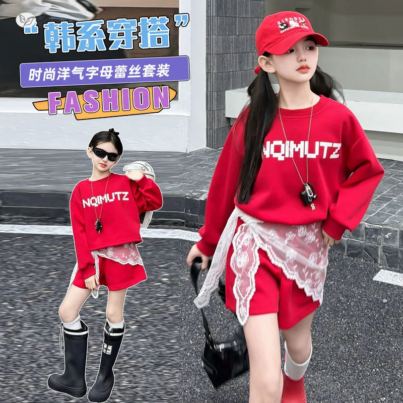 

Spring Cotton Red Kids Sportwear Suit Hoodie Shorts Lace Belt 3pcs Junior Teen Girls Casual Tops Pants Clothes Set Child Outfits