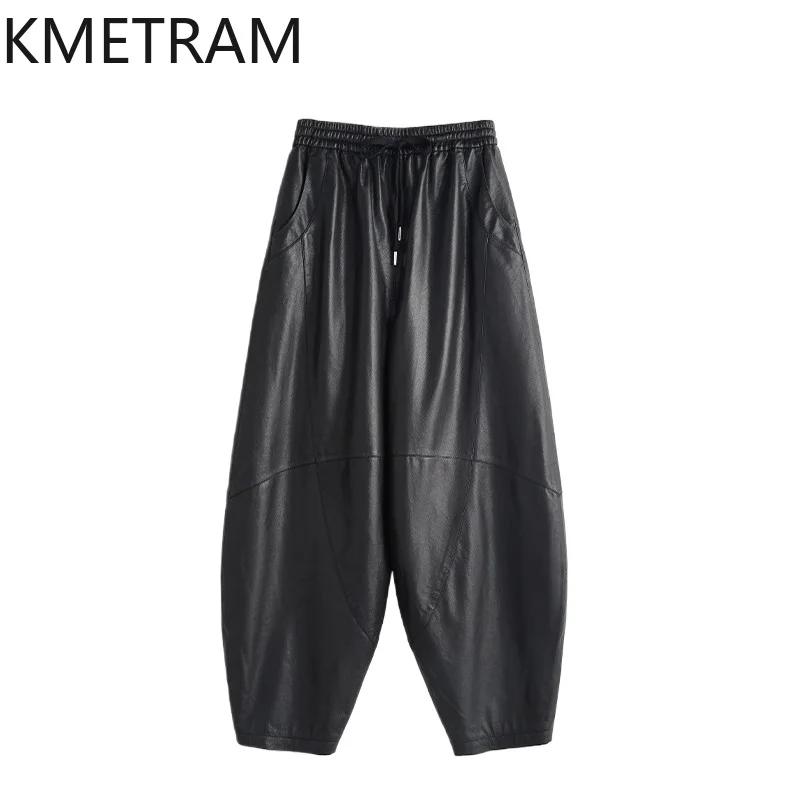 KMETRAM Genuine Leather Pants Woman Sheepskin Trousers High Waist Harem Wide Leg Pants for Woman Long 100cm Pantalon Femme 2026