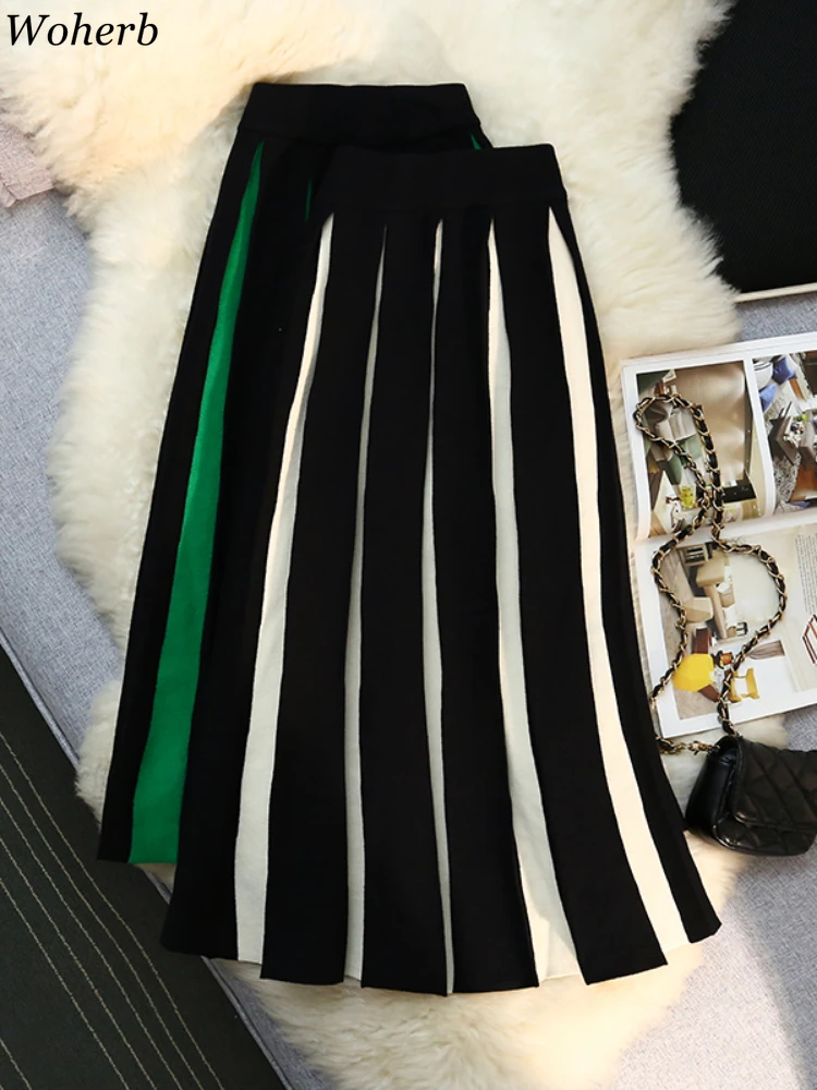 

2025 Faldas De Mujer Vintage Knitted Patchwork Skirts Women High Waist Slim A-line Vintage Skirt Korean Elegant Office Lady Jupe