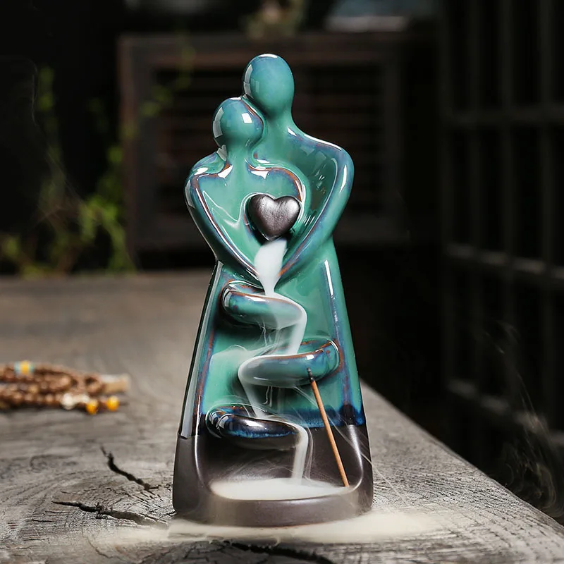Handmade Ceramic Waterfall Backflow Incense Burner Couple Hug Heart Shaped Incense Holder Decorative Ornament Home Decor For Liv