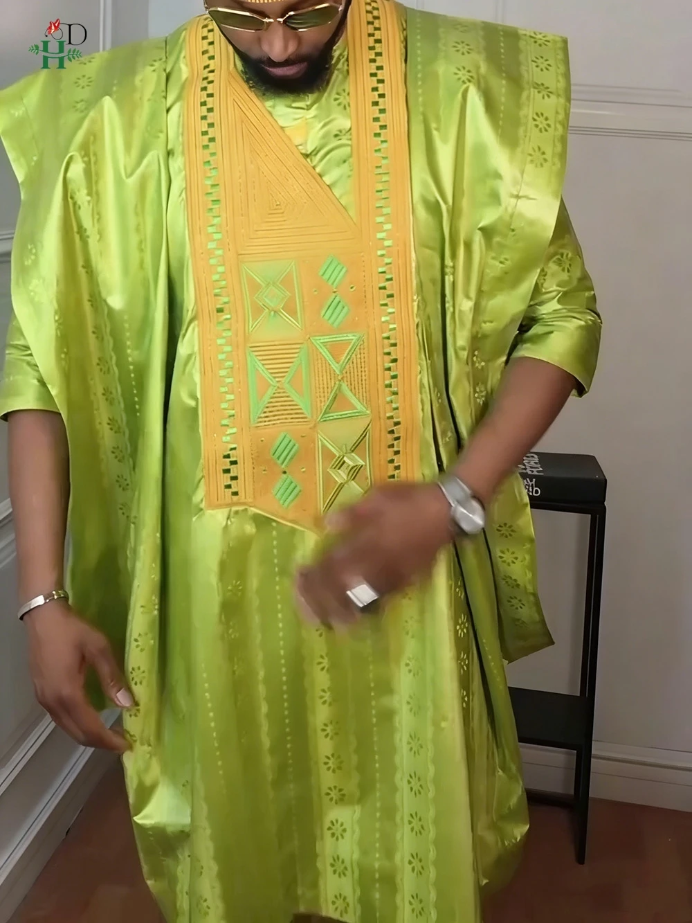 H & D-ropa africana para hombre, conjuntos tradicionales de Agbada, 3 uds., camisa verde Bazin Riche, pantalón bordado, trajes de fiesta de boda de talla grande