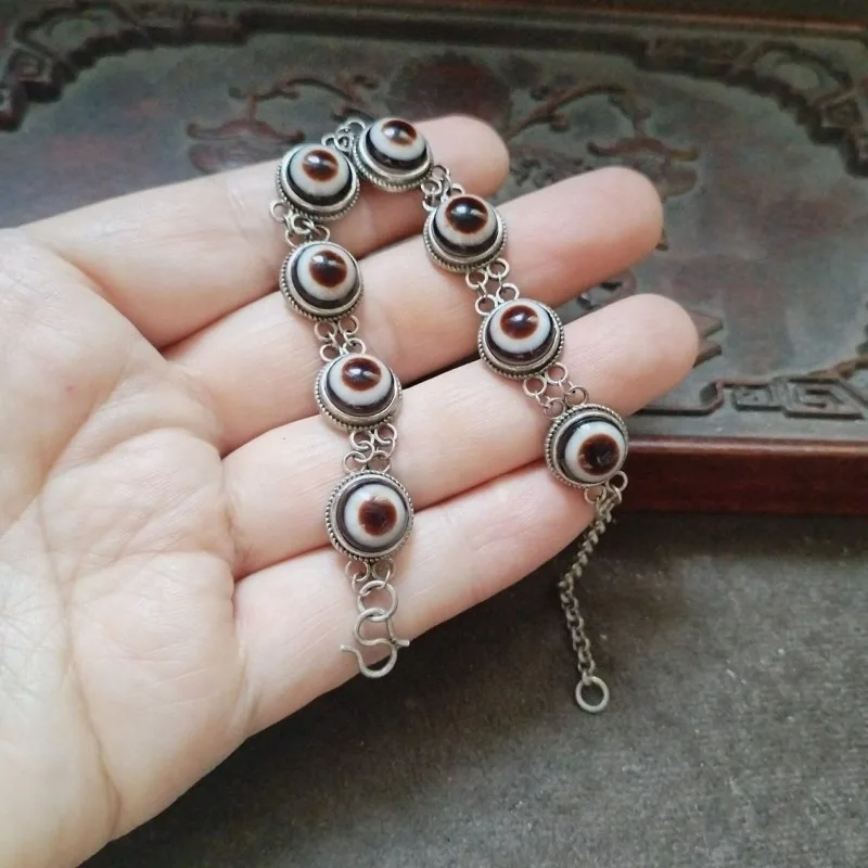 Vintage Collectible Weathered Patina Bracelet, One‑Eye Dzi Bead Inlaid Ethnic Style Retro Wrist Statement Jewelry