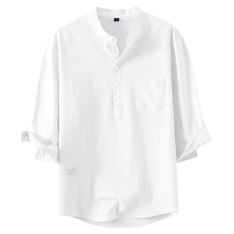 

Summer Cotton Linen Men's T-Shirt Half Sleeve Stand Collar Breathable Pure Color Henry Shirt Seven Sleeve Loose Fit Casual Shirt