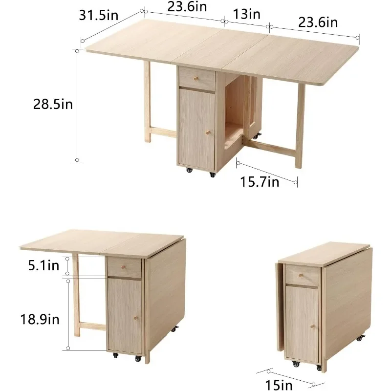 Mesa de comedor plegable extensible con hojas colgantes, 2 cajones y 4 ruedas, ahorro de espacio en granja, Color madera