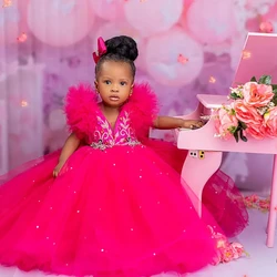 New Arrival Flower Girl Dresses Fuchsia Cap Sleeves Customized Tulle Tiered Dress for Wedding First Birthday Party Gowns