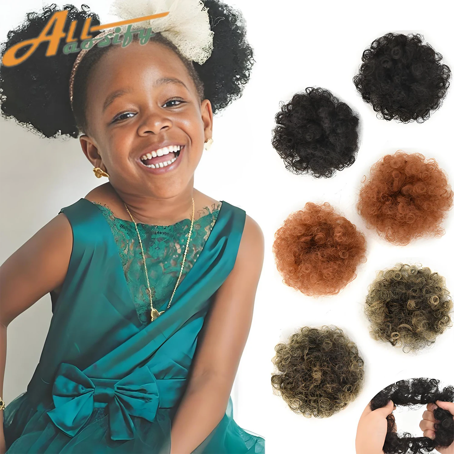 Synthetic 2Pcs Afro Puff  Ponytail Meatball head for Little Girls Kids Women Small Hair Buns Kinky Curly Hair Donut Chignon