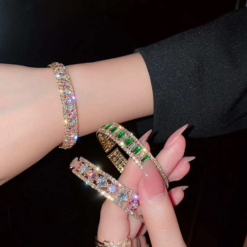 Geometric Zircon Bracelet & Bangles For Women Pink Green Cuff Bracelets Weddings Party Jewelry