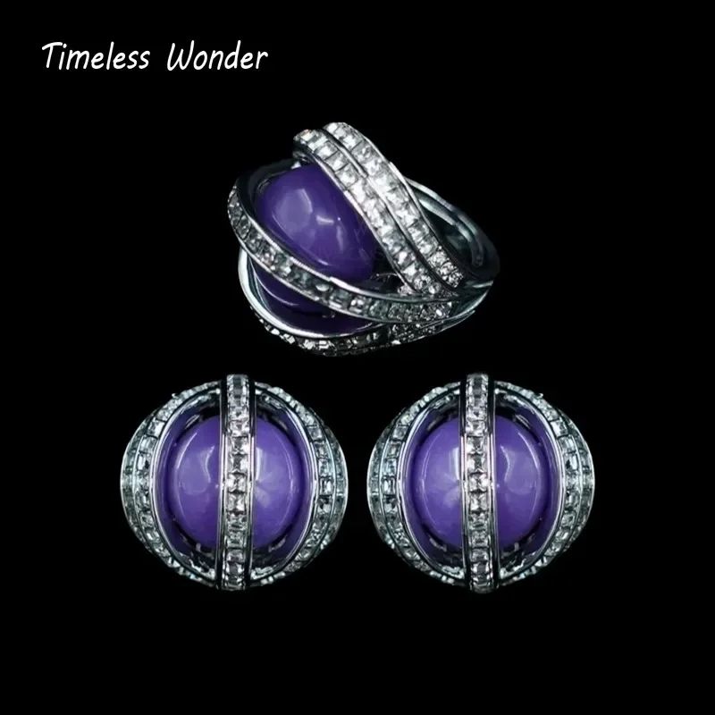

Timeless Wonder Fancy Zircon Geo Cocktail Ring N Button Earrings for Women Designer Fine Jewelry Set Rare Sweet Trendy Top 7524