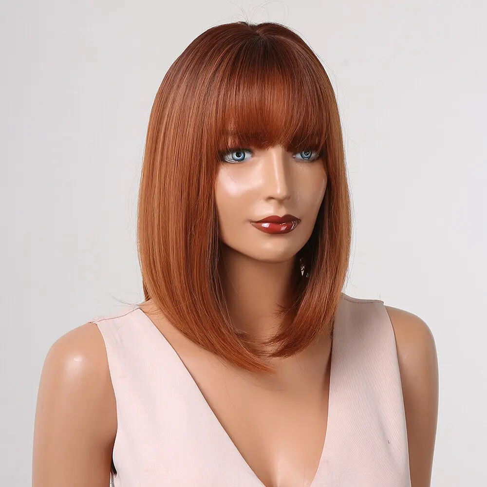 Bob Copper Brown Synthetic Wigs with Bangs Natural Straight Wig