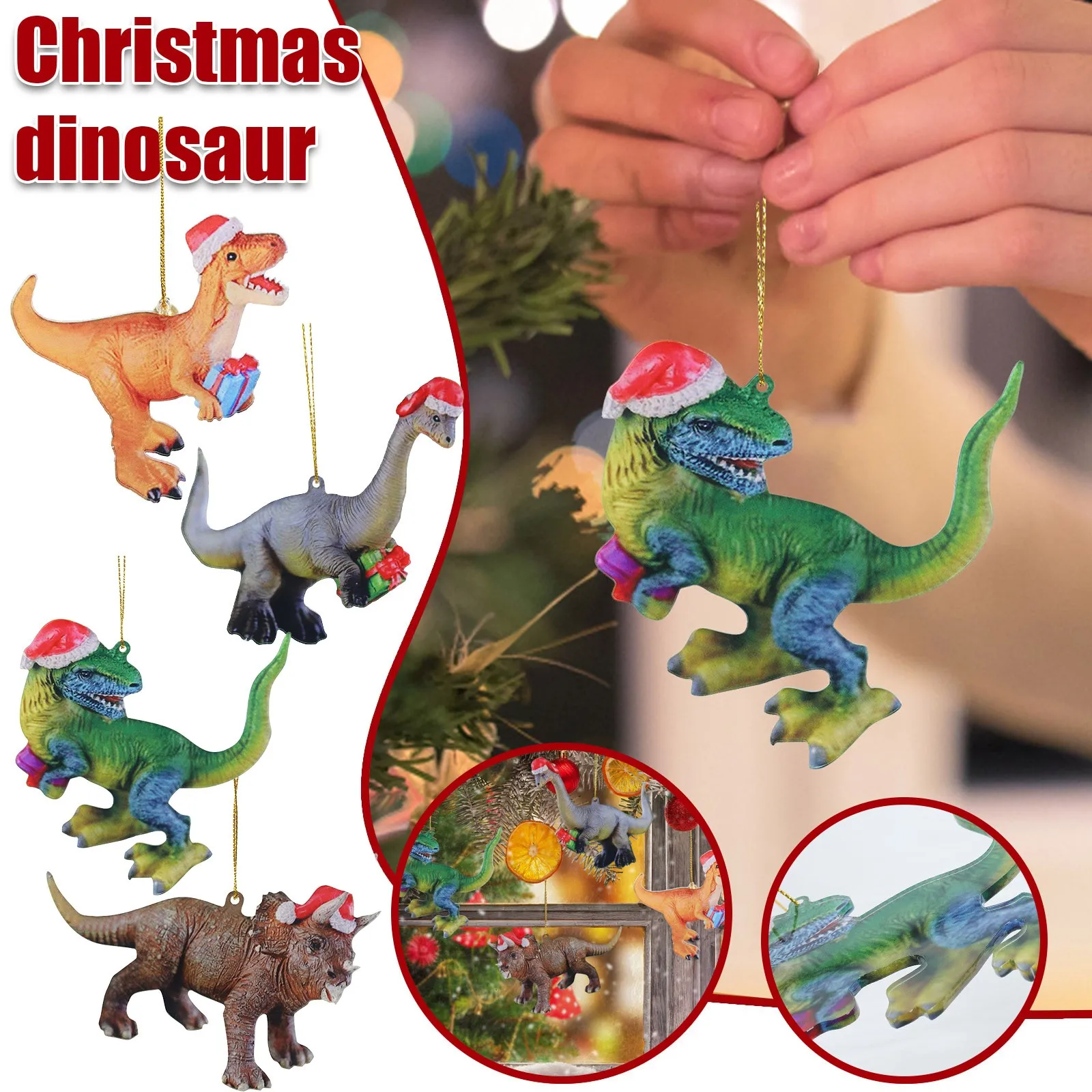 2D  Dinosaur Holding Christmas Gift With Hat Pendant Ornaments Double Sided Printing Christmas Tree Pendant Home Car Decoration