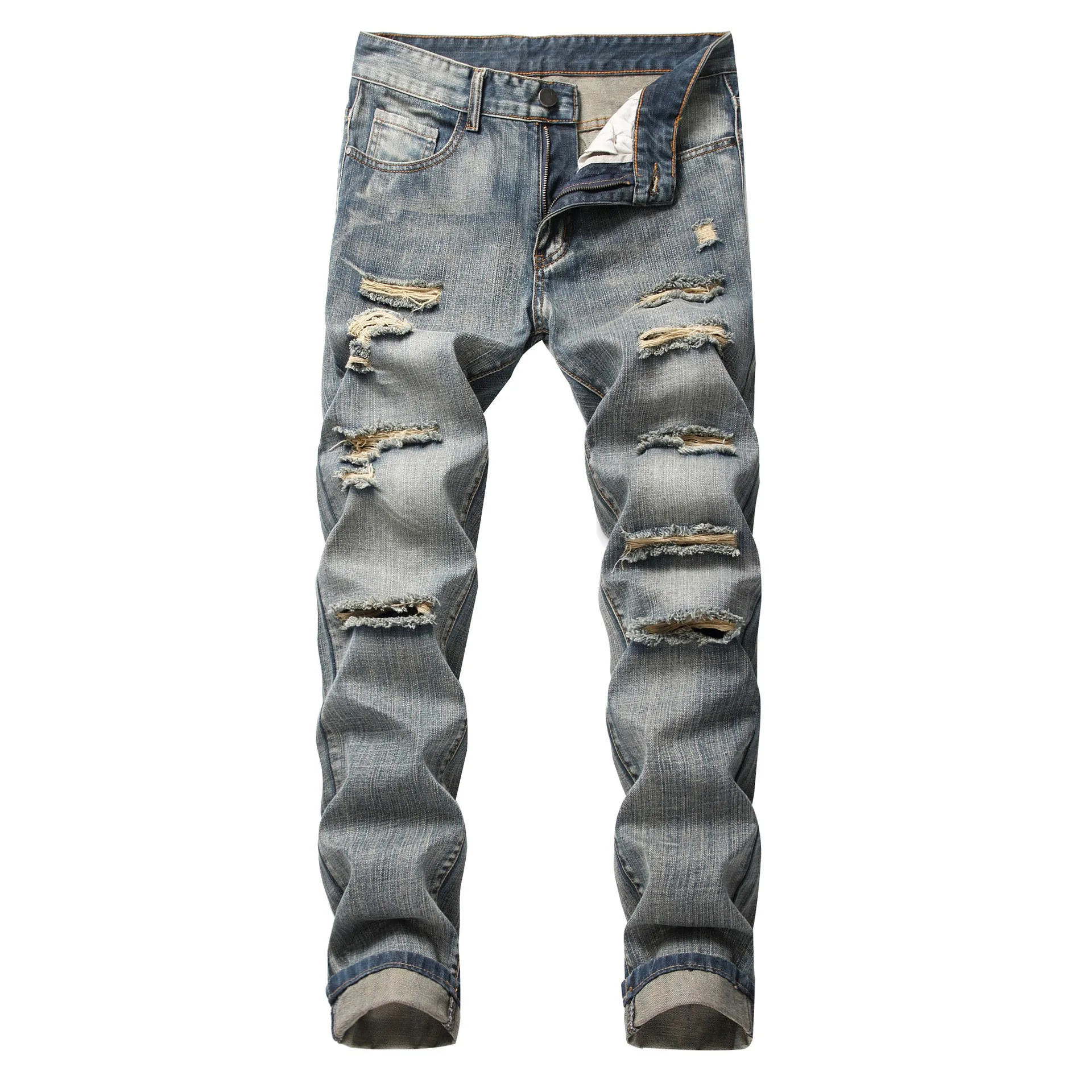 Men Slim Straight Hole Patched Casual Trendy Simple Daily Blue Denim Trousers Four Seasons Fashion Basic Jeans Pants Clothes