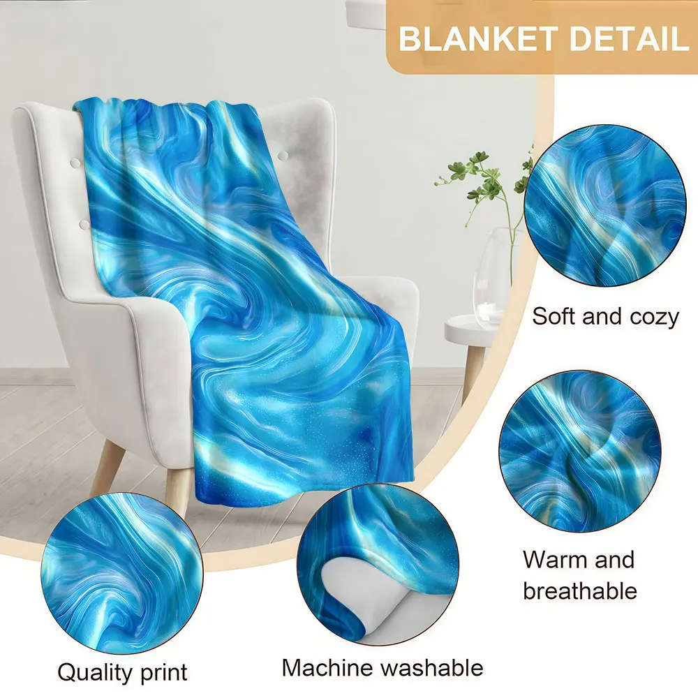 Bright Blue Liquid Marble Soft Warm Flannel Blanket Lightweight Cozy Christmas Halloween Home Decor Room