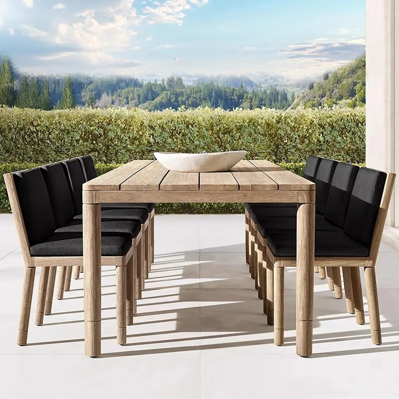 

Уличный обеденный стол из тикового дерева и стулья, стулья из ротанга, большая терраса, двор, водонепроницаемый и солнцезащитный крем, вилла для отдыха, дом на открытом воздухе