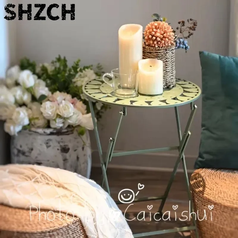 Courtyard Balcony Tea Table Iron Hollow Out Corner Table for Bedroom Folding Coffee Desk Versatile Practical Garden Furniture