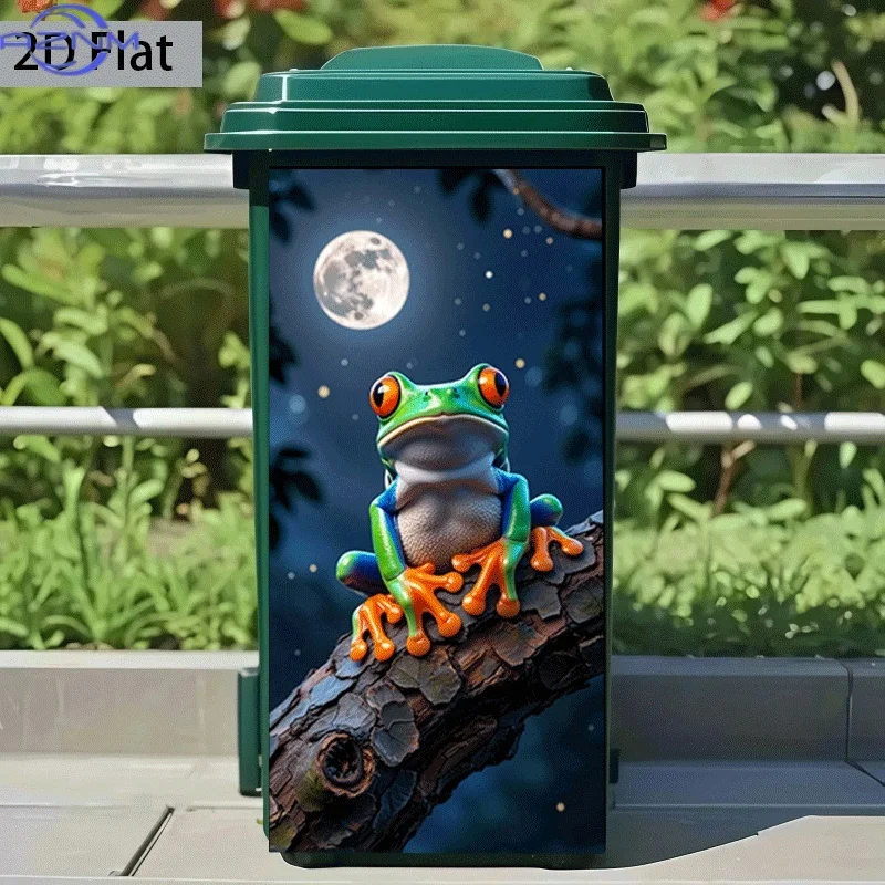 2D Flat Printing 1pc Trash Can Sticker , Moonlit Night Colorful Frog Perching Theme Design, Self-Adhesive Wall Decal Wallpaper
