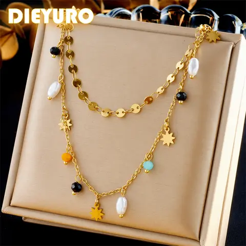 DIEYURO 316L 스테인리스 스틸 기하학 진주 펜타클 목걸이, 신상 섬세한 패션 골드 컬러 스타 펜던트, 넥 쥬얼리 선물