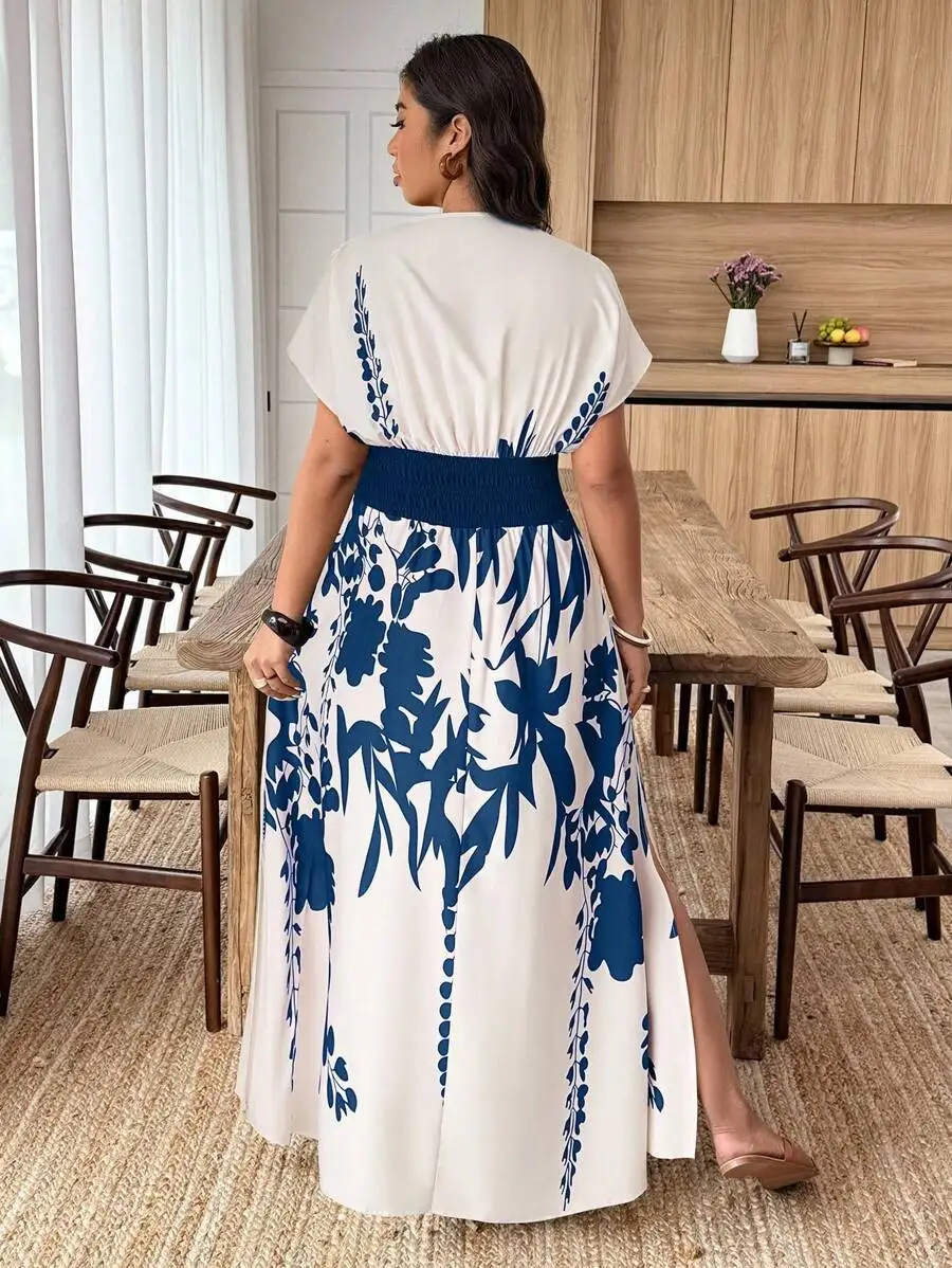 

Plus Size Summer Floral Print Waist Cinching Split Dress