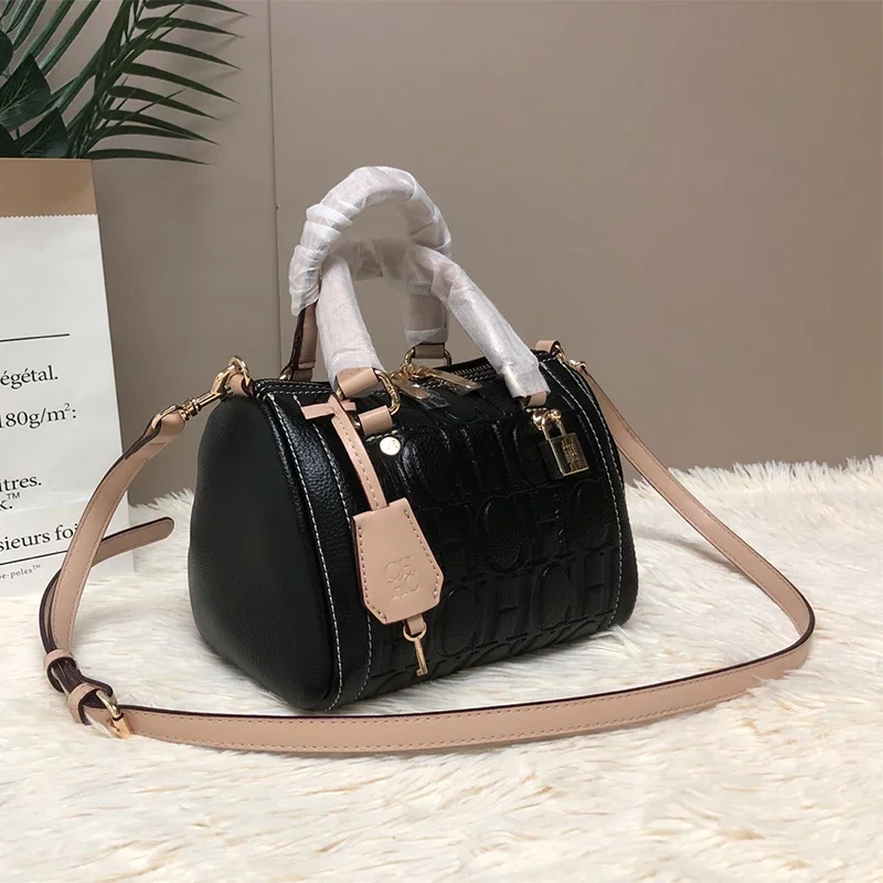 

CH Brand Classic Letter Embossed Boston Bag With Gold Lock Charm And Leather Handles 2025 Fashionable Commuter Women's Bag