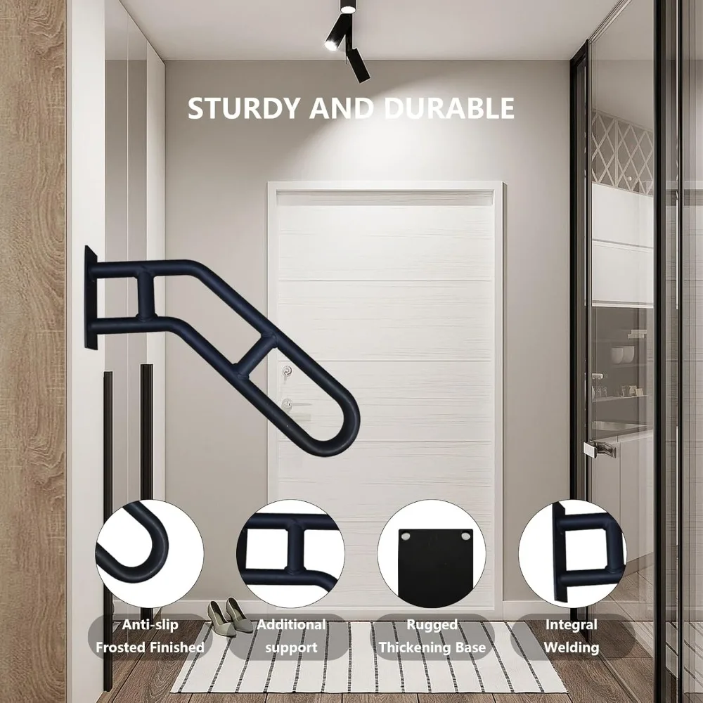 درابزين الدرج الخارجي - عبوتان، لمسة نهائية سوداء غير لامعة، قضبان أمان مثبتة على الحائط لـ 1-3 خطوات