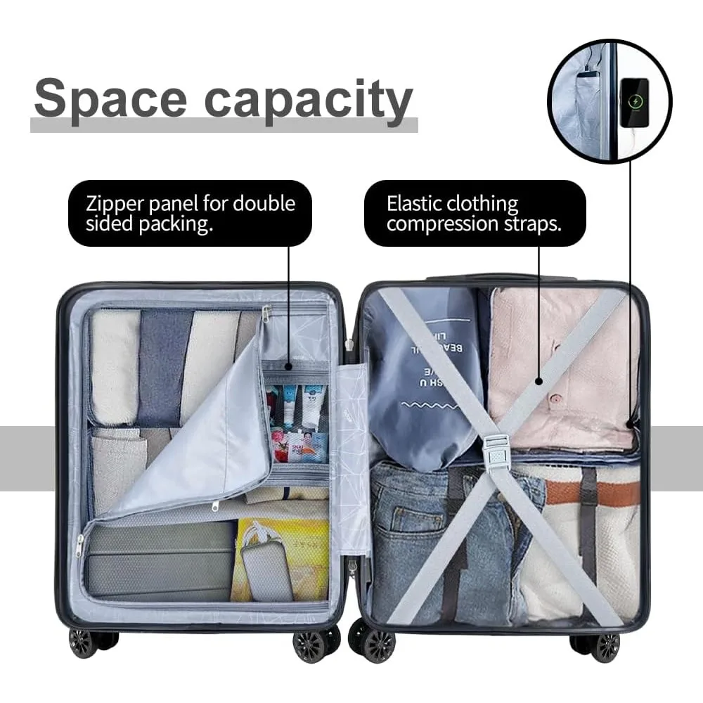Lightweight ABS Hardside Luggage with USB, Wheels, TSA Lock - Large 28 Inch Silver Travel Suitcase