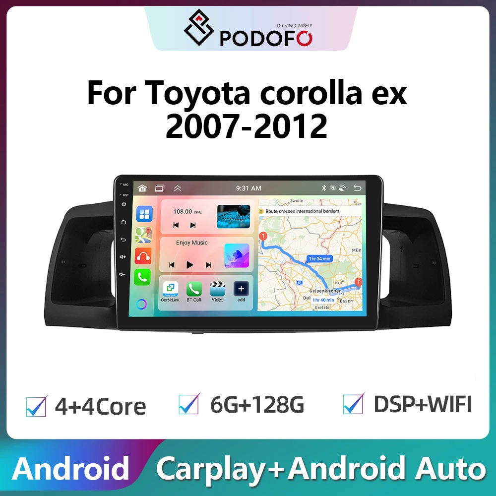 Podofo 2din Android Car Radio For Toyota corolla ex 2007-2012 6G+128G Carplay Stereo Player Autoradio WIFI GPS Navigation FM/RDS