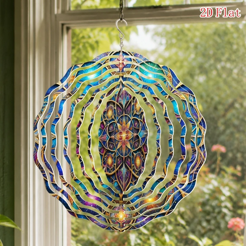Rotating Hook Windmill Decoration, Geometric Pattern Metal 3D Rotating Wind Chime with, Outdoor Garden And Patio Decoration