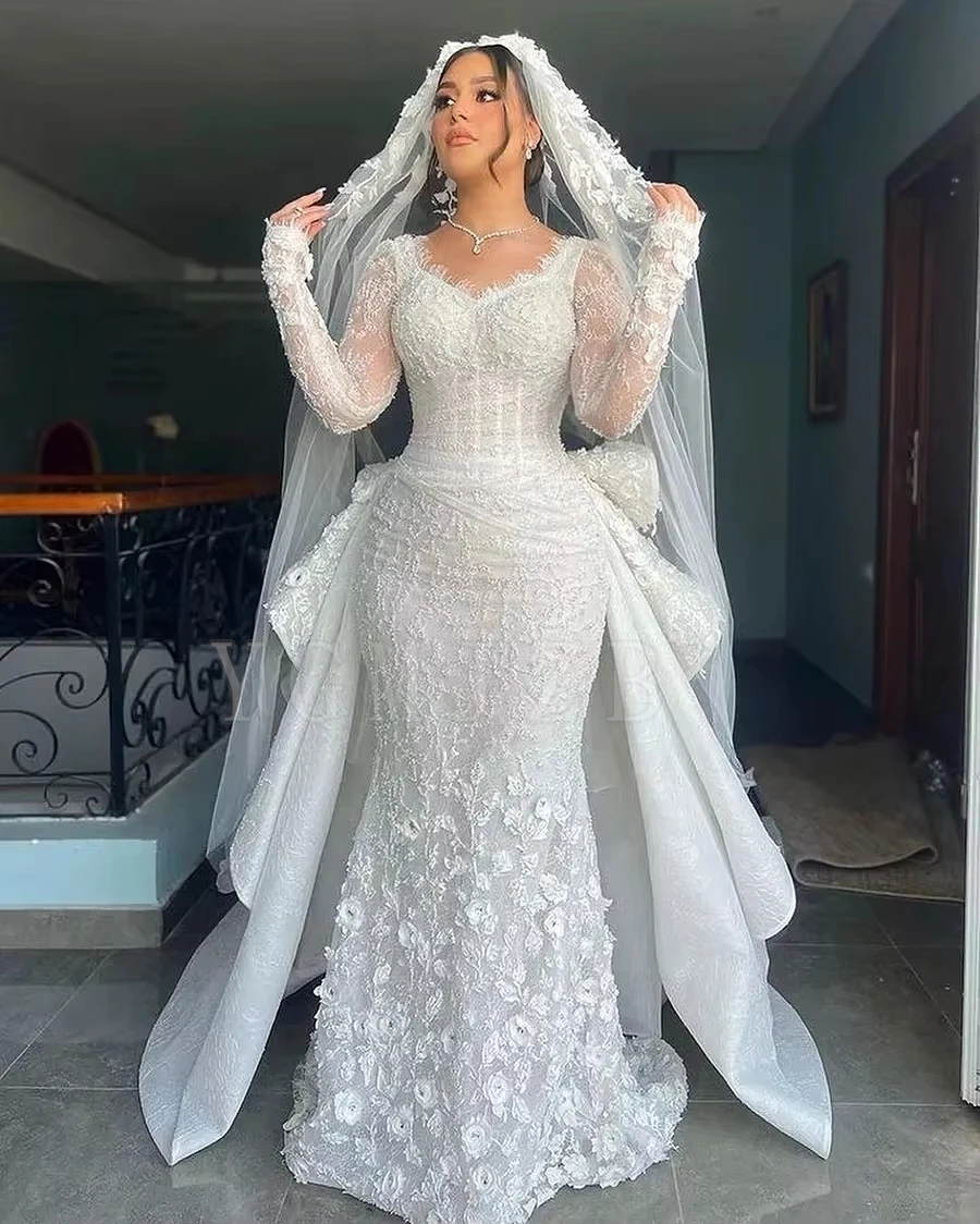 Gorgeous Pearls Lace Wedding Dresses Luxury Mermaid Beaded  Long Sleeves Detachable Train Bridal Gowns Robe De Marie Customized