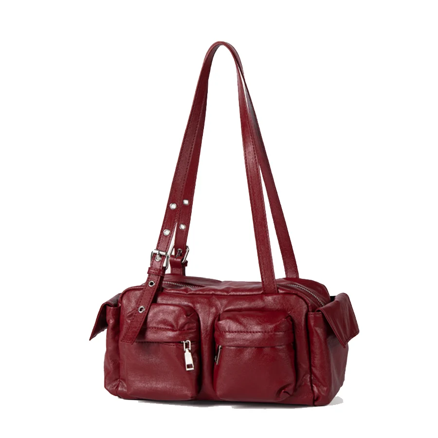 

Vintage Multiple Pockets Women Shoulder Bags Soft Pu Leather Handbags Retro Motorcycle Bag Y2K Sac for Girls Daily Commuting Sac
