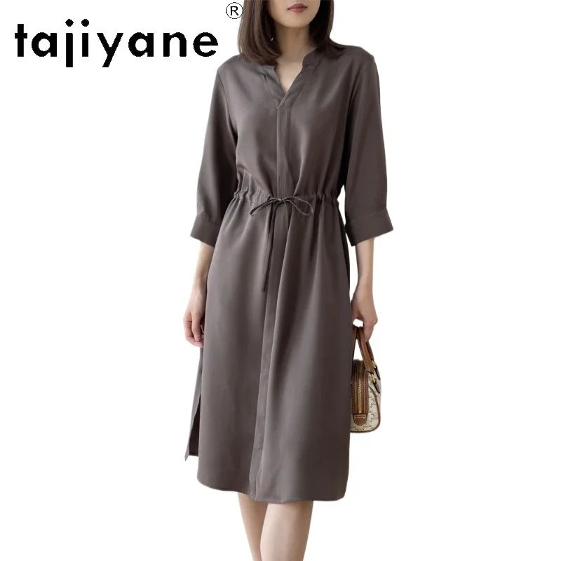 

TAJIYANE 26MM 100% Mulberry Silk Dress Woman 2026 Summer Elegant V-Neck Dresses Casual Office Ladies Frocks Women Clothes платье