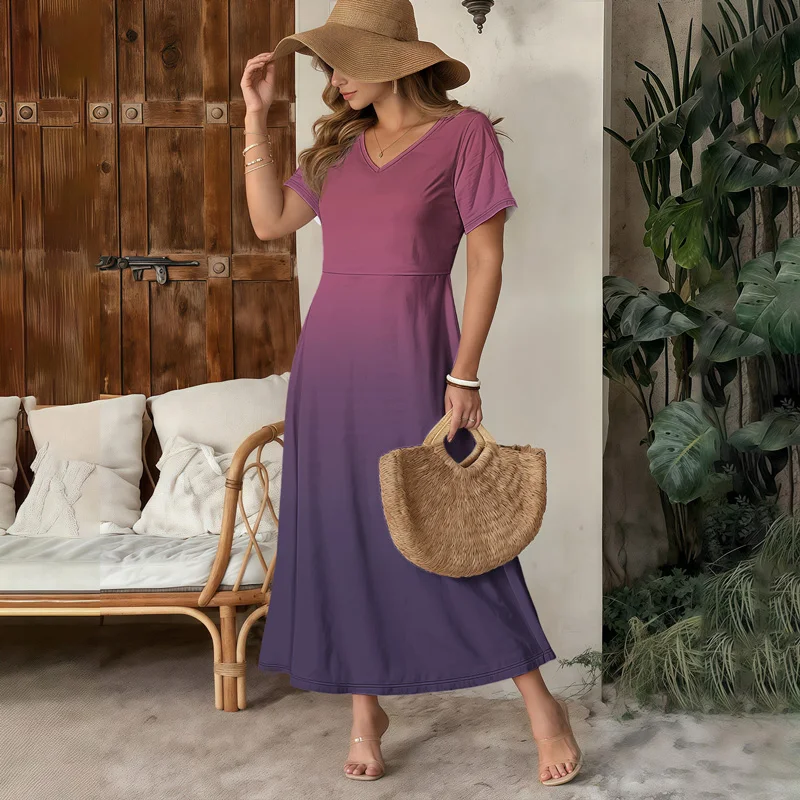Hoge taille gradiënt zomer dames maxi-jurk V-hals korte mouw vakantie strandjurk dames business casual kleur jurk zomer