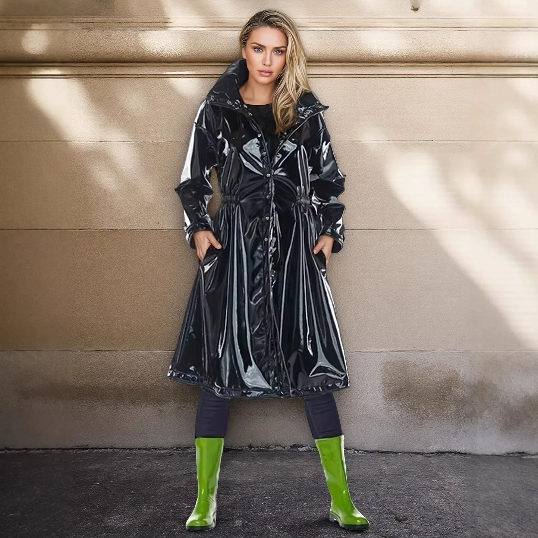 Adults Womens Long Trench Coat Blazer Clubwear Wet Look PU Leather Notched Lapel Open Front Long Sleeve Jacket PVC Costume view 4