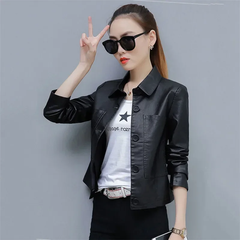 Leather Jacket Women Caramel 3XL 4XL Plus Size Short Slim PU Coat 2024 New Spring Autumn Korean Fashion Chic Moto Clothing