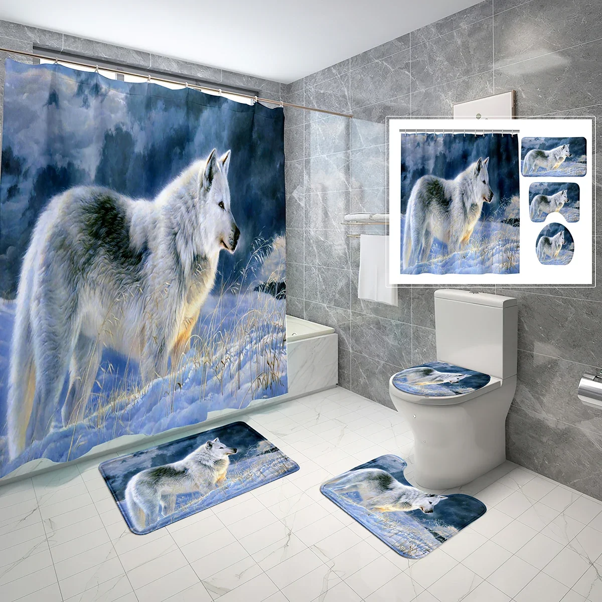 

4 Pcs Wolf Theme Shower Curtain Set Snow Landscape Shower Curtain Bathroom Non-Slip Bath Mat Toilet Cover Shower Curtain Set