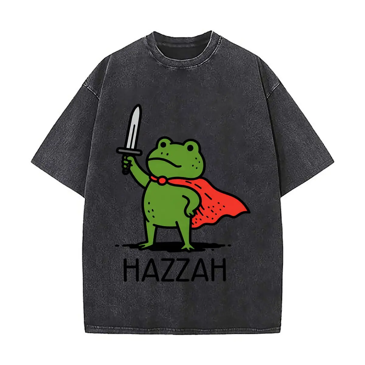 Hazzah Frog Holding Sword Red Cape Cartoon Illustration Washed Vintage Short Sleeve Loose Streetwear Tee