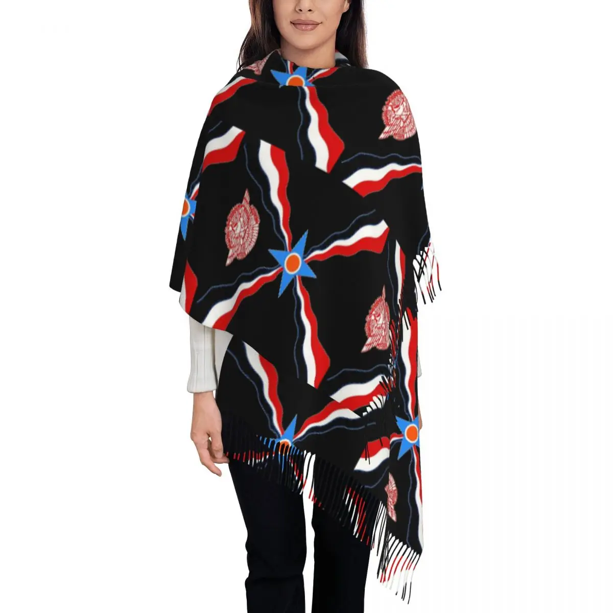 Luxury Assyrian Suryoyo Flag Scarf Tassel Scarves for Women Soft Warm Shawls and Wraps Large Fall Winter Shawl Wrap