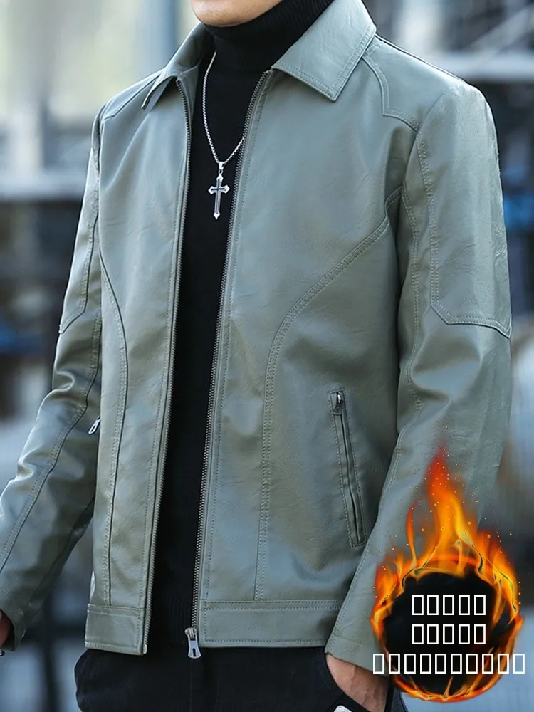 

Lormen Men's PU Leather Jaet Thiened Fce Lined Loose Fit Faionable Retro Winter Coat Zipper Closure Long Sve