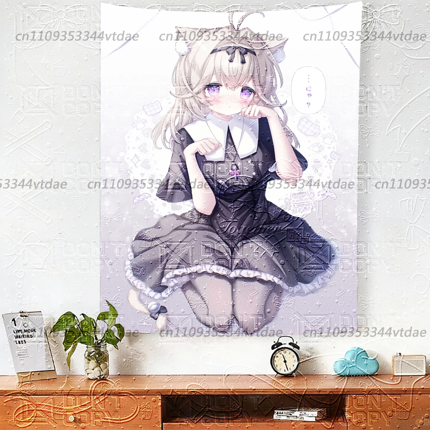 Kawaii Cat Ear Maid Anime Girl Tapestry, Black White Lolita Wall Hanging, Pastel Goth Cross Aesthetic Background Cloth