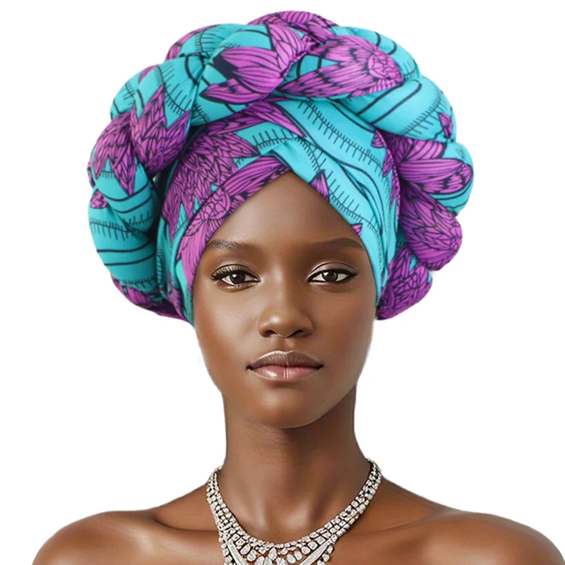 New African Print Twisted Large Braid Turban Hat Muslim Hijab Hat Elastic Head Wraps Headscarf Ramadan Headscarf Beanie Hats