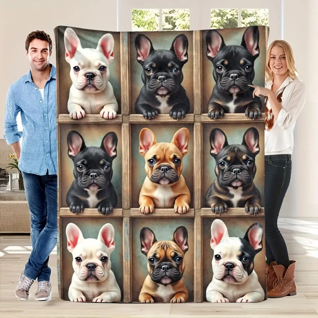 1pc French Bulldog Printed Throw Blanket, Soft Warm Multicolor Puppy Pattern All‑Season Flannel Blanket, Modern Home Decor