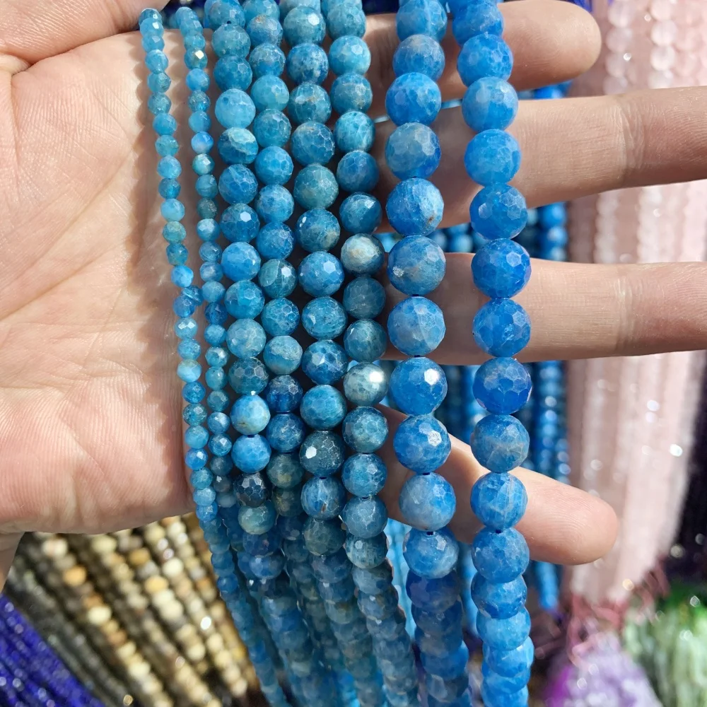 

6 8 10 12mm Natural Blue Apatite Yellow Sun Stone Round Faceted Loose Beads DIY Bracelet Necklace Jewelry Making Accessories