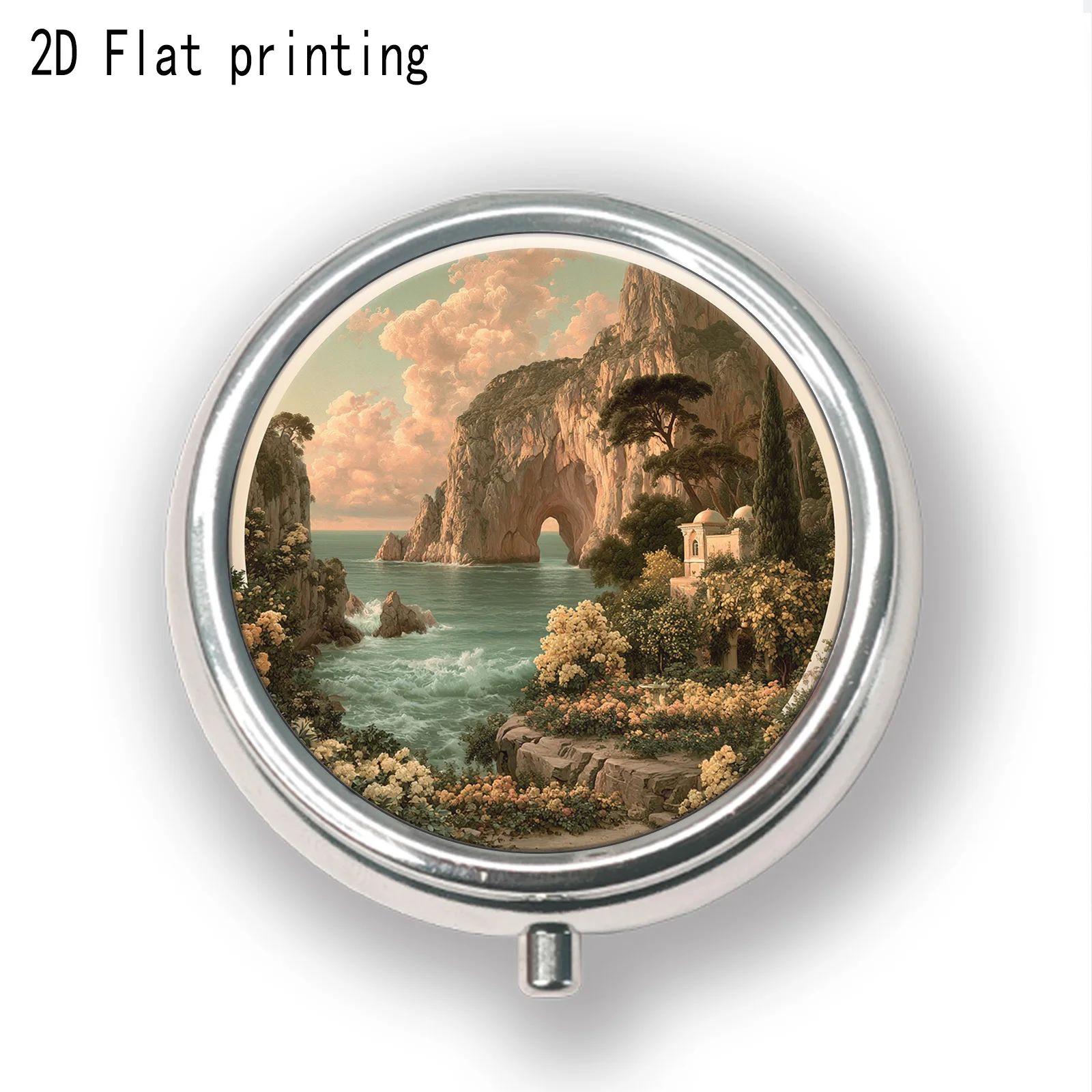 1Pc Round Metal Pill Box with Flat Printing Featuring Ocean Sunset and Sea Stack Design, 3 Compartment Medicine Case for Storing Vitamins and Tablets, Compact Travel Pill Organizer Fits Purse Pocket