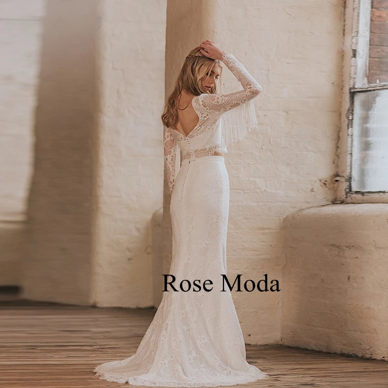 Rose Moda Long Sleeves Lace Two Pieces Boho Wedding Dress with Tassels Destination Bridal Gown Real Photos