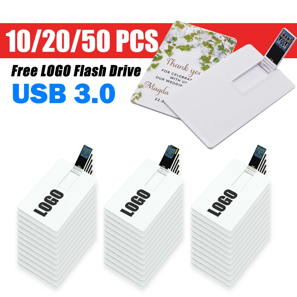 

10/20/50PCS Custom Logo Print Picture 4GB 8G 16GB 32G USB Flash Drive 3.0 Credit Card Pendrive Business Name Shaped Memory Stick