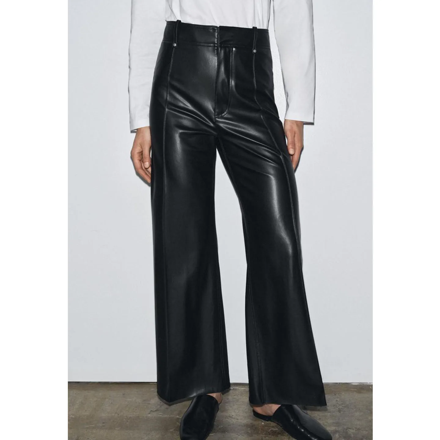 High Waist Cus-Made Women's Leather Look PU Pants New Autumn Design Loose Wide Leg Trousers for Ladies Polyester Fiber