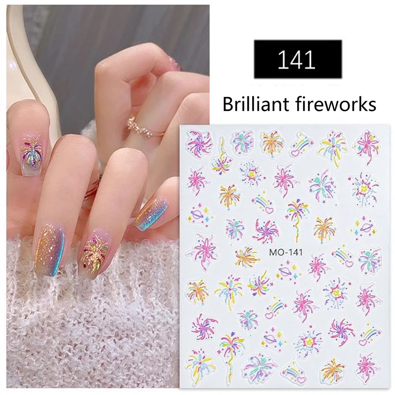 Nieuwjaar Kleurrijk Vuurwerk Nail Art Stickers Romantische Sterrenhemel Helder Vuurwerk Lijm 3D Relief Nail Slider Sieraden