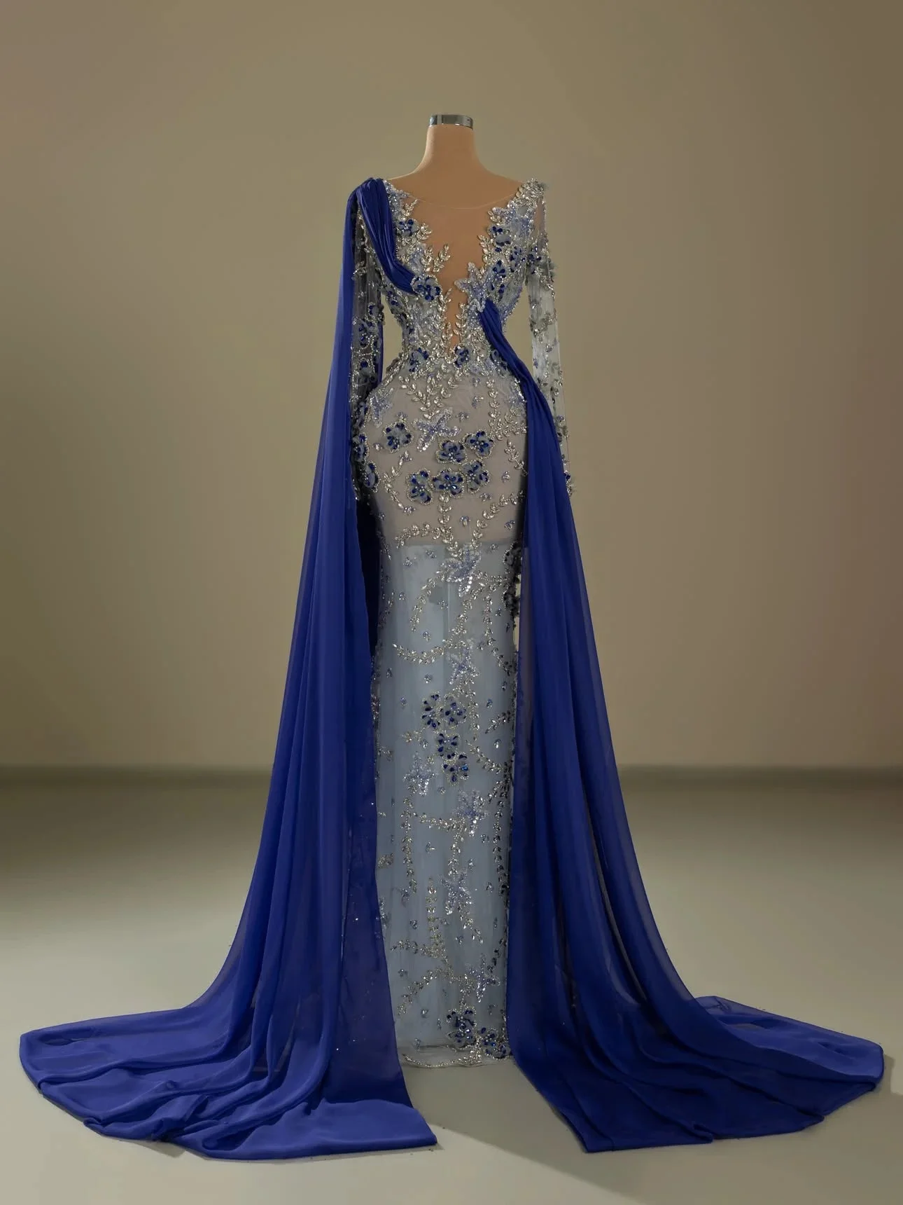 Royal Blue Trailing Dress Luxurious Crystal Celebrity Gown Floral Embroidered Mermaid Dress High End Party Dress Sheer Long Robe