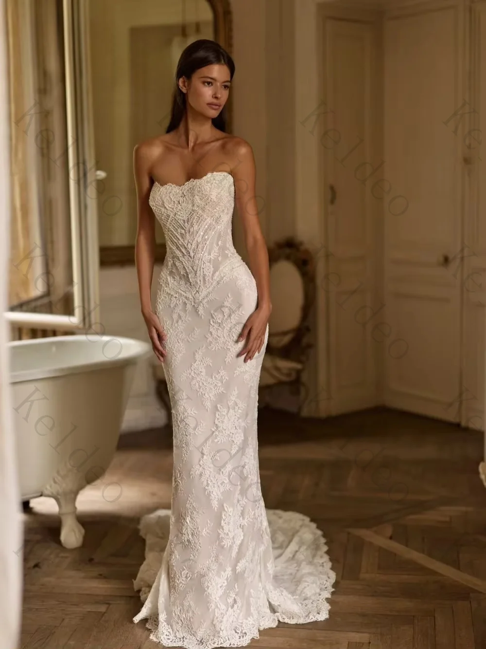 Customized Exquisite Strapless Mermaid Long Sleeve Wedding Dresses Detachable Sleeve Floral Lace Beaded Floor-Length Bride Gowns